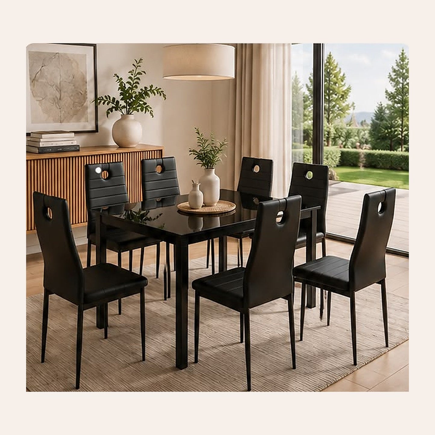 Conjunto de comedor ALBA en negro con mesa de 140 cm y seis sillas de respaldo alto