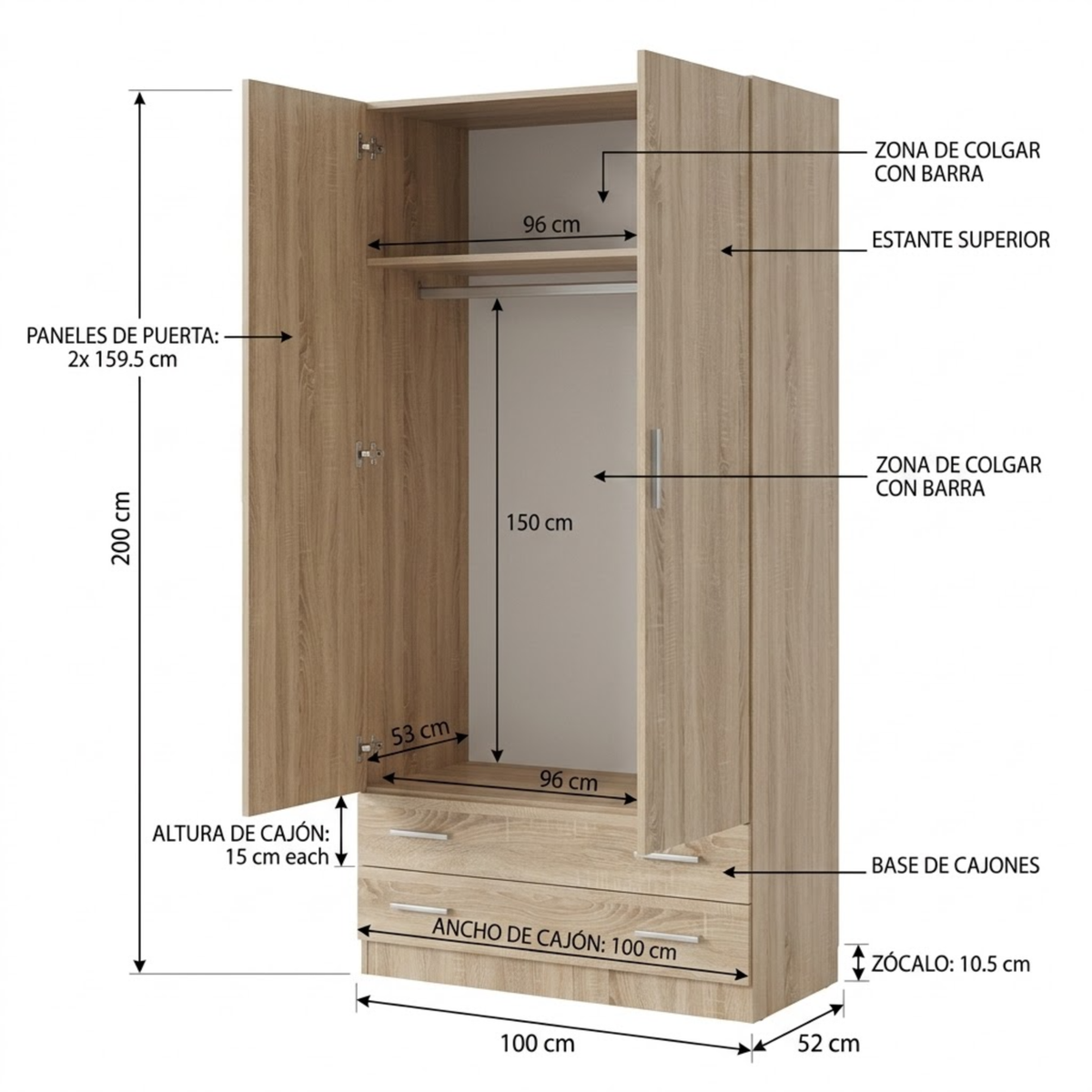 Armario Ropero 2 Puertas 100×200×52cm · Barra Colgador + 2 Estantes