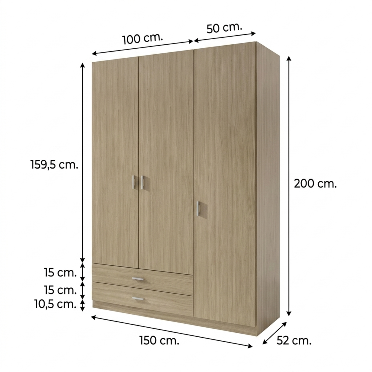 Armario Ropero 3 Puertas 150×200×52cm · Barra Colgador + 2 Estantes