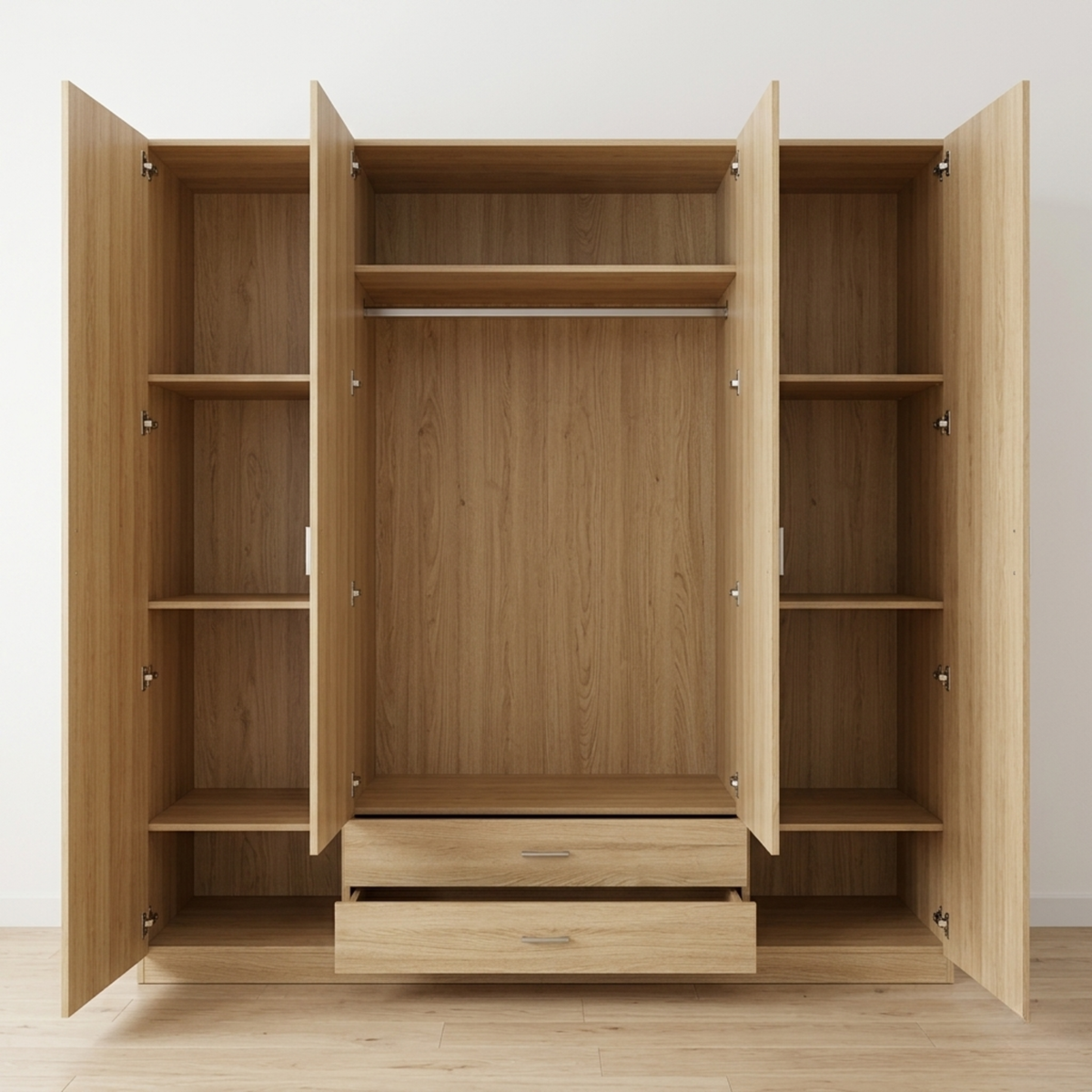 Armario Ropero 4 Puertas 200×200×52cm · Barra Colgador + 6 Estantes