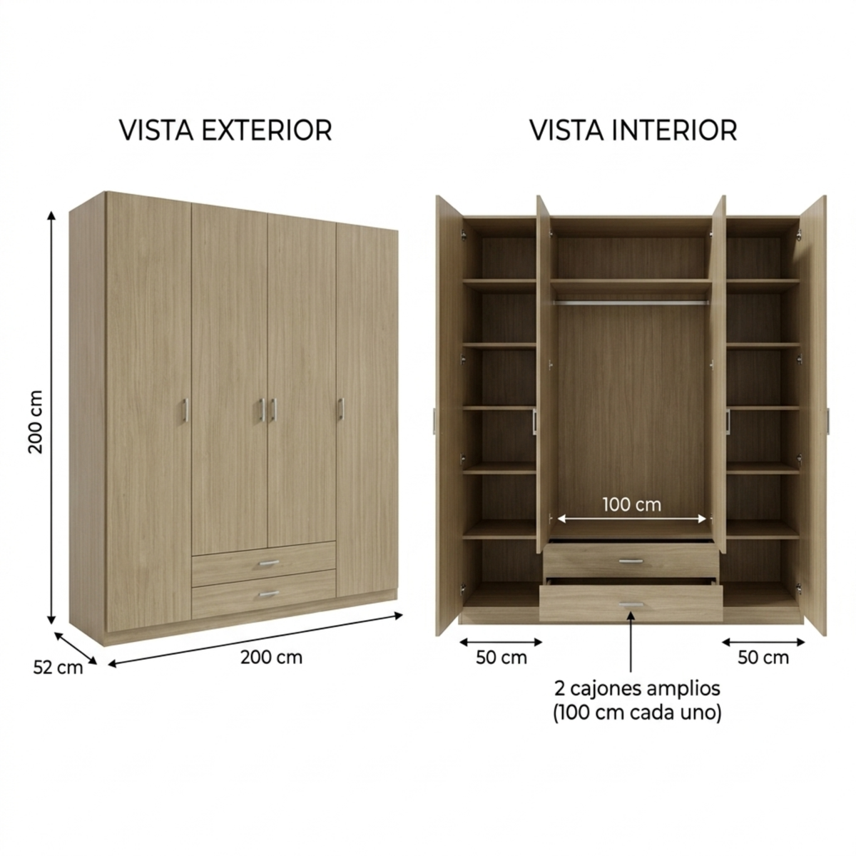 Armario Ropero 4 Puertas 200×200×52cm · Barra Colgador + 6 Estantes